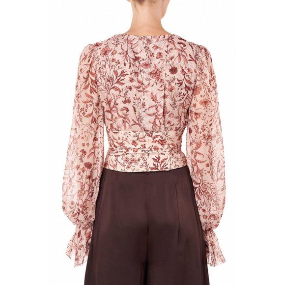 AMUR Helene Tie Waist Floral Silk Wrap Crop Top - Picture 4 of 16